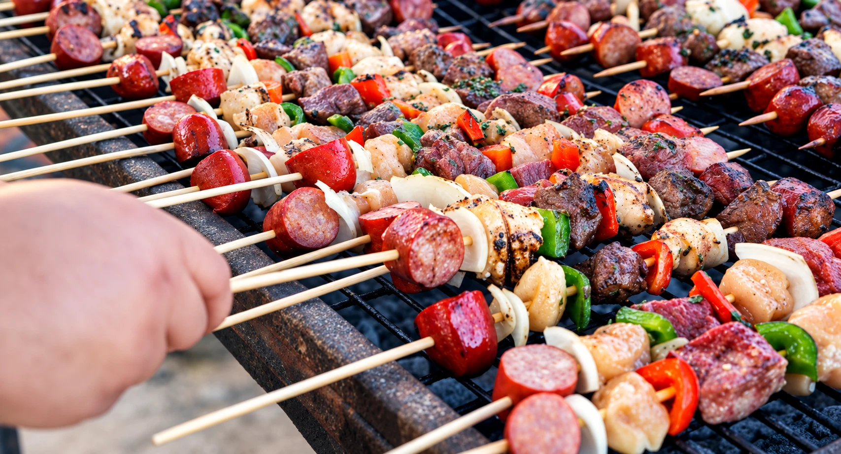 Anticuchos con carnes y pimentón sobre una parrilla