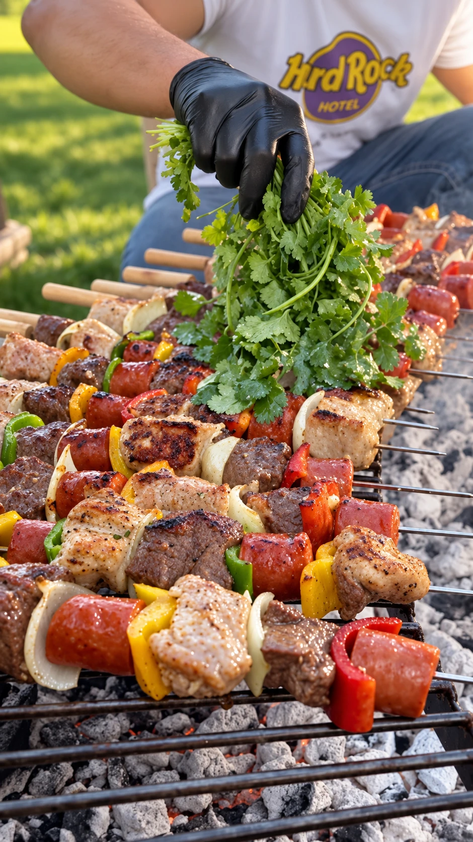 Anticuchos dorándose sobre las brasas
