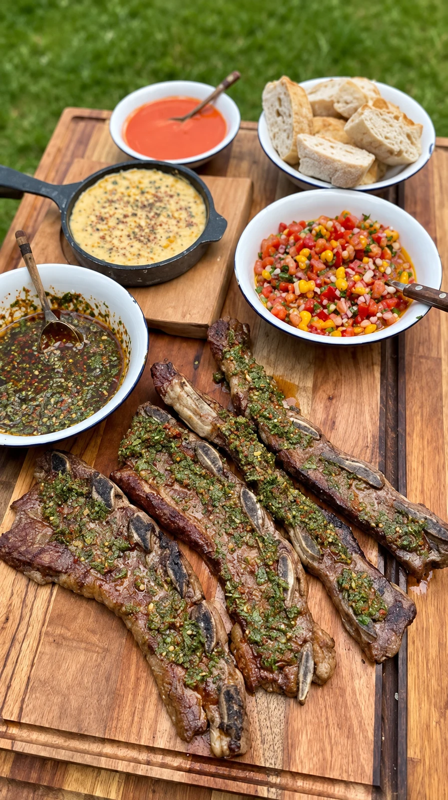 Banderita servida con chimichurri, salsas y pan