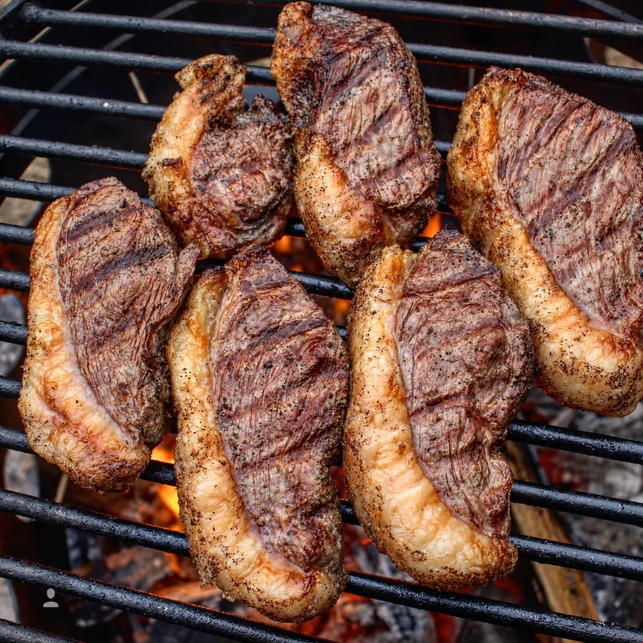 Bifes de chorizo dorándose sobre la parrilla