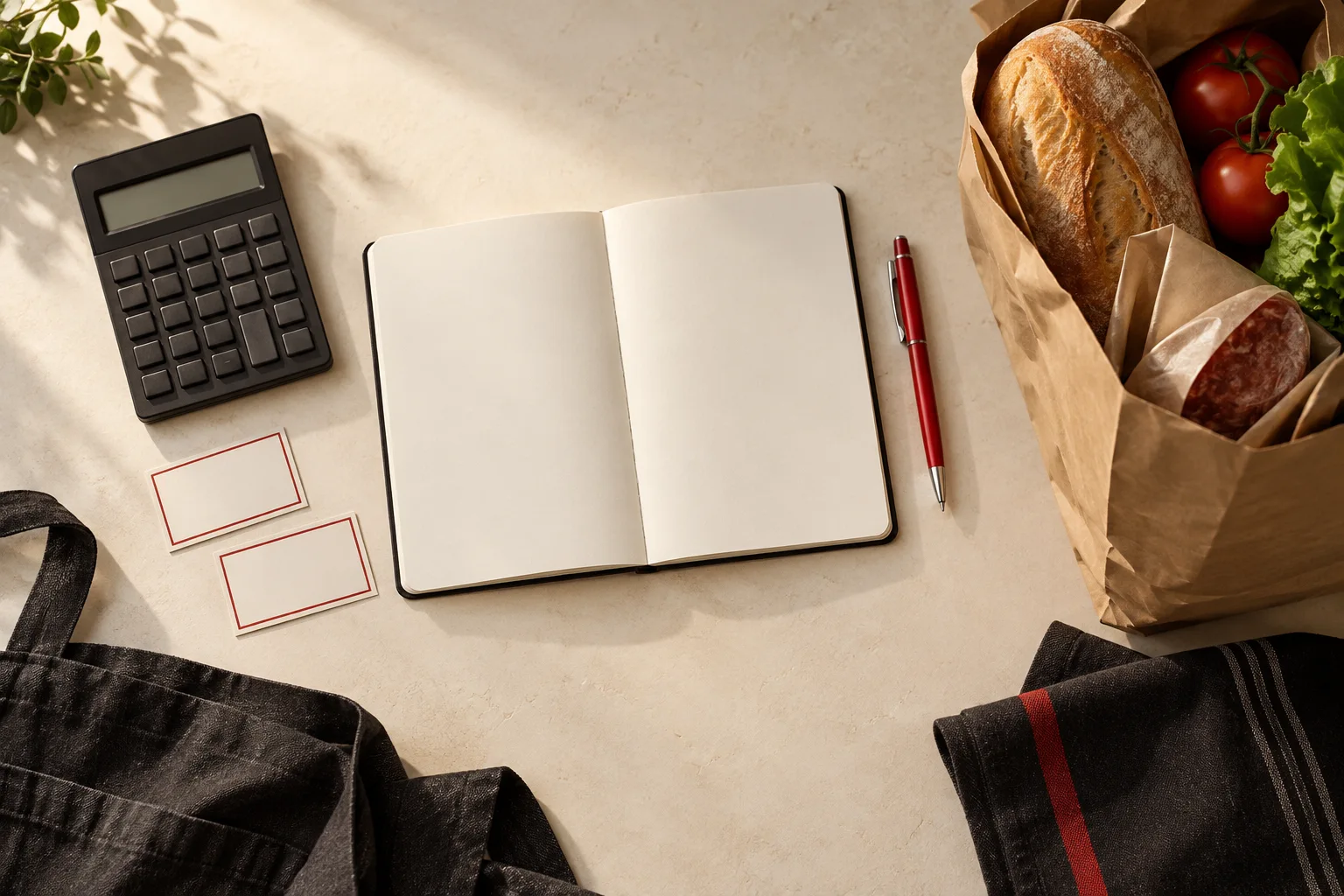 Cuaderno, calculadora y tarjetas de precios como herramientas de trabajo para un almacén