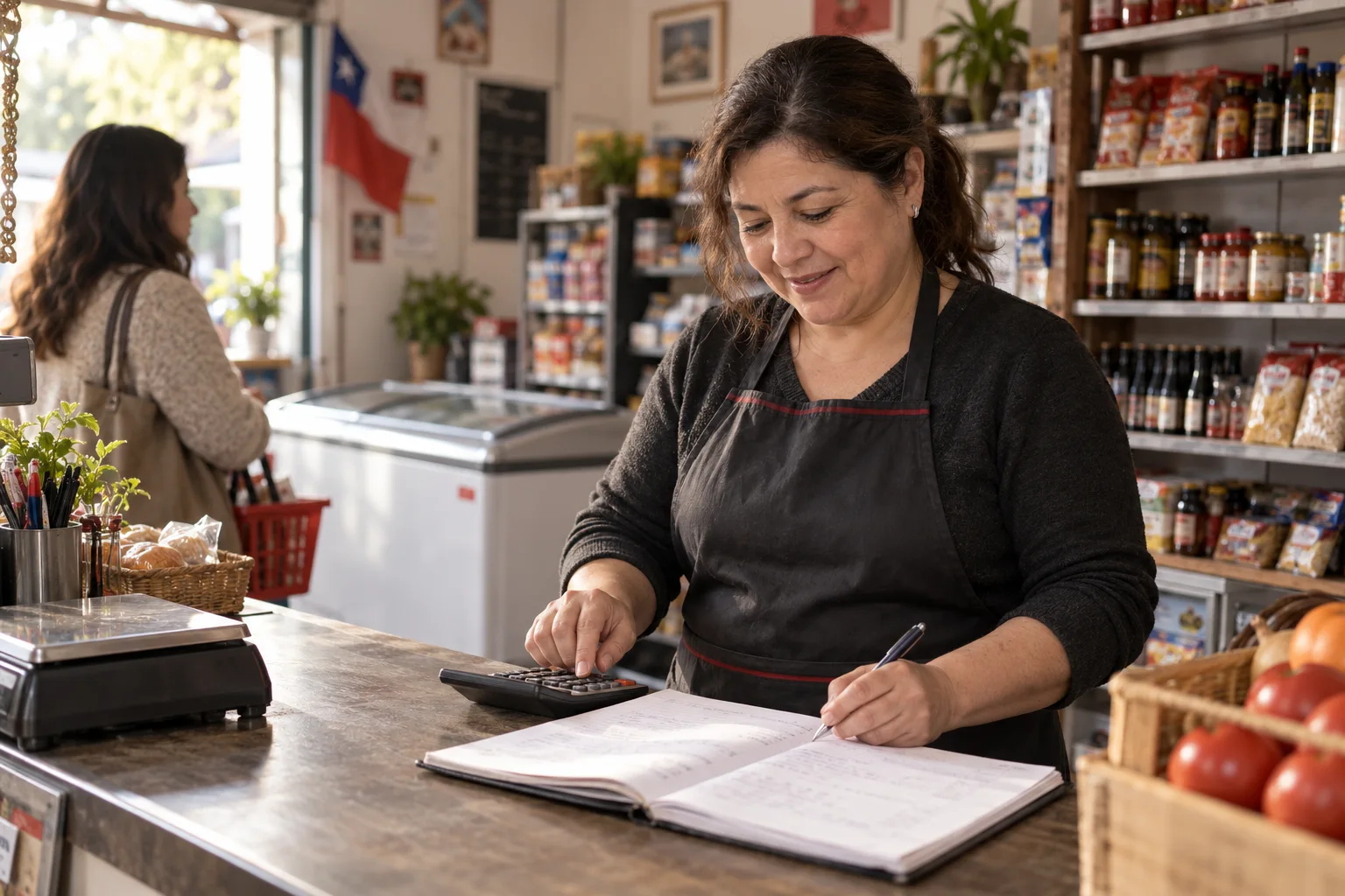 Escena ilustrativa de una comerciante revisando sus ventas con un cuaderno y una calculadora