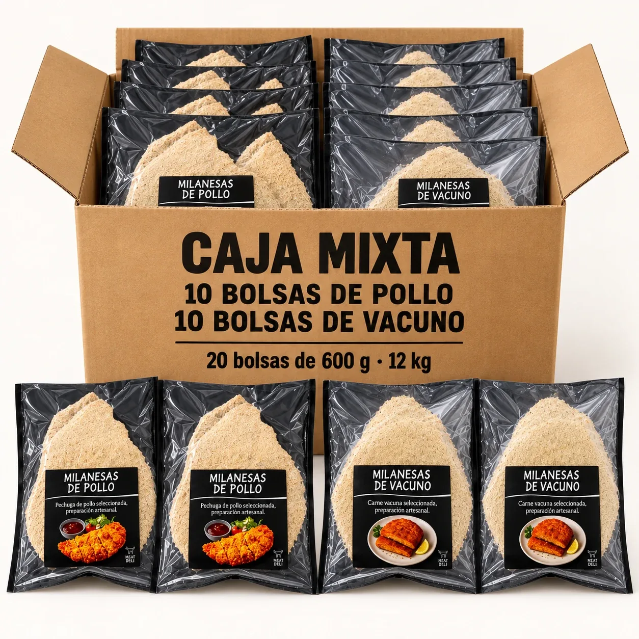 Caja mixta de milanesas · 10 bolsas de pollo + 10 de vacuno · 12 kg