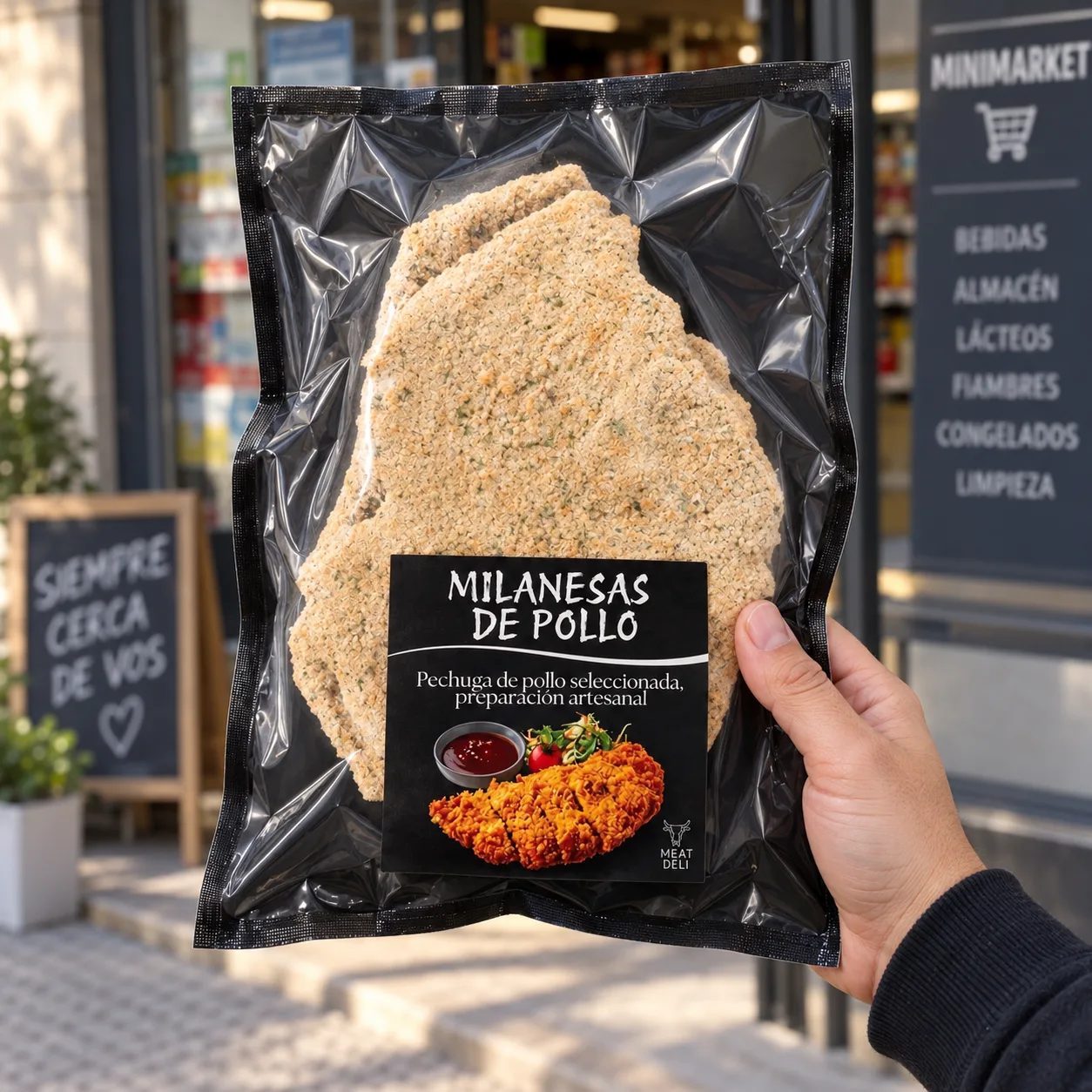 Una mano sostiene una bolsa de milanesas de pollo Meat Deli para llevar a casa, frente a un minimarket
