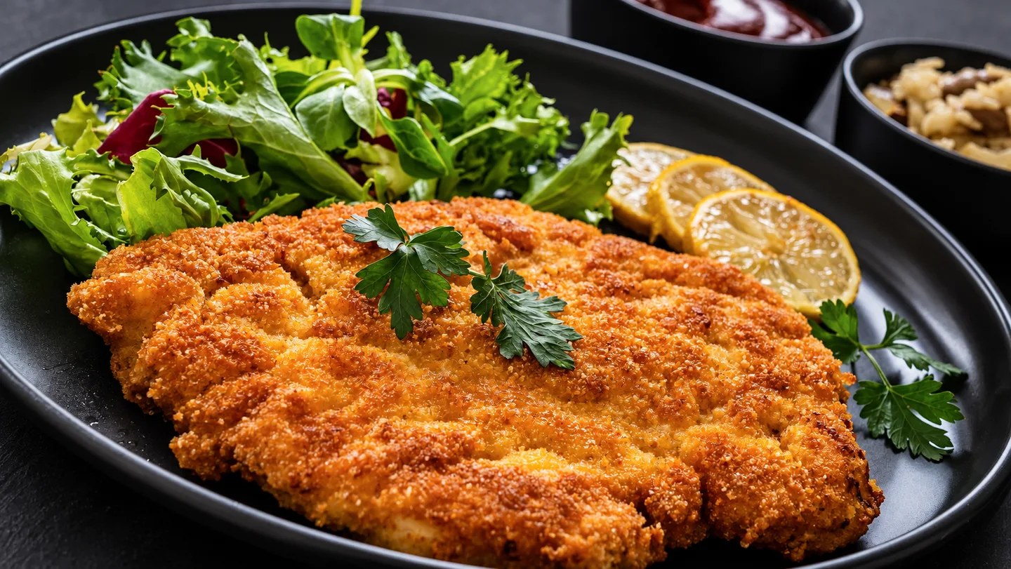 Milanesa dorada con apanado crujiente, ensalada verde y rodajas de limón en un plato negro