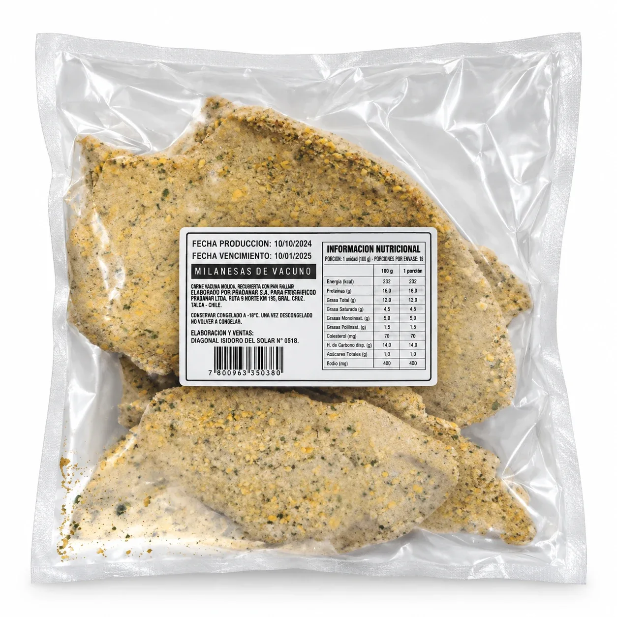 Milanesa de vacuno · Bolsa 1 kg · Caja 6 kilos