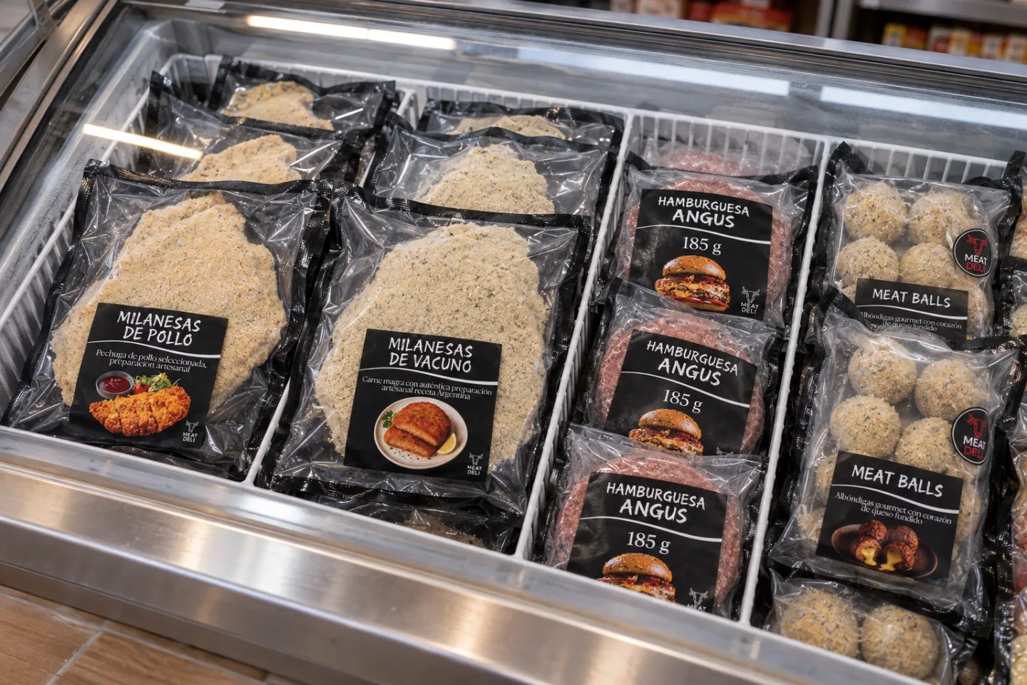 Vitrina con bolsas de milanesas, hamburguesas y meat balls Meat Deli