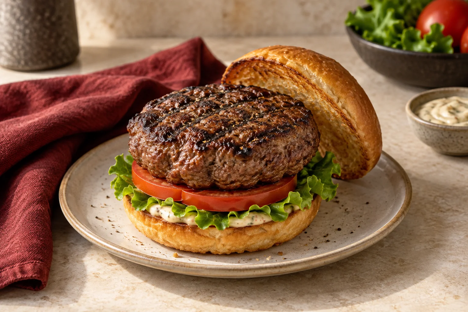 Preparación ilustrativa de Hamburguesa premium servida en un plato