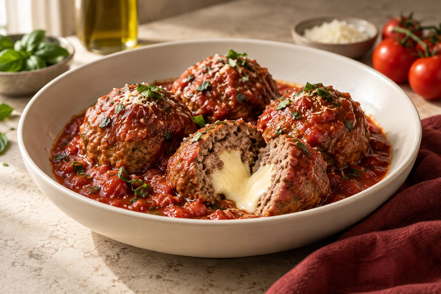 Preparación ilustrativa de Meat balls con queso servida en un plato