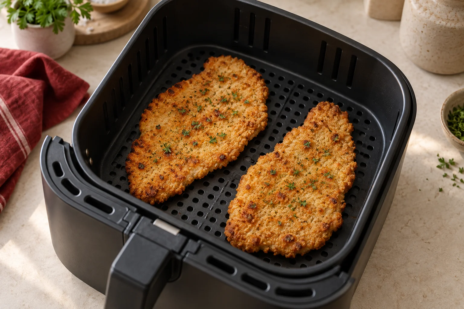 Dos milanesas de pollo en una sola capa dentro de una cesta de airfryer