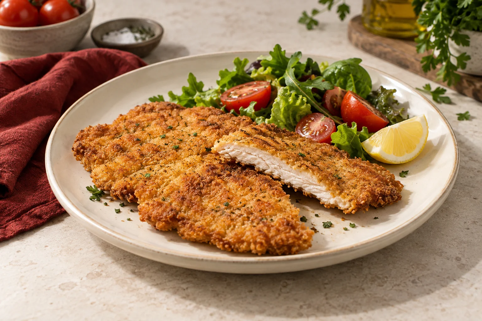 Milanesas de pollo doradas, una cortada, servidas con ensalada y limón sobre un plato de cerámica