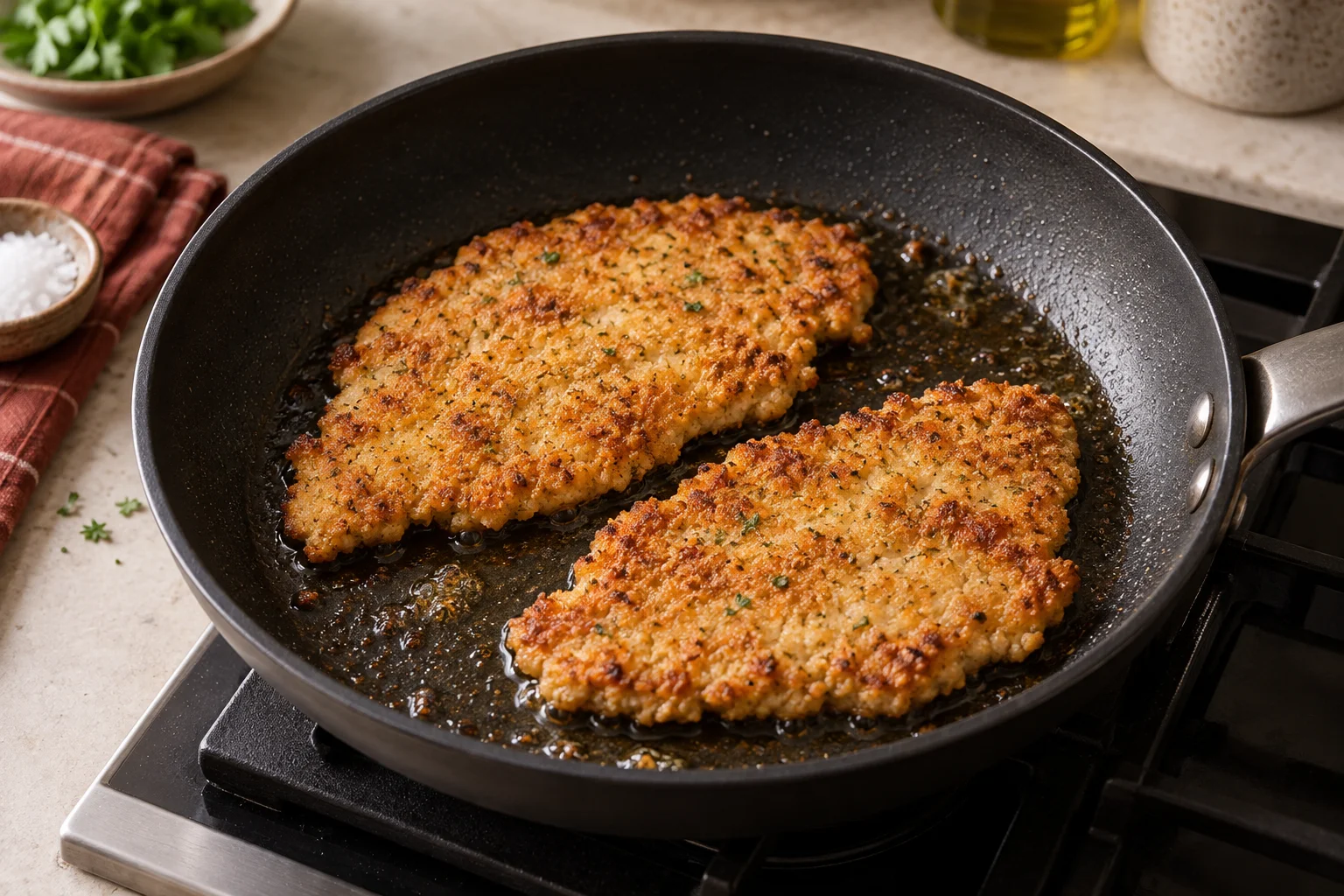 Milanesas doradas en una sartén con una capa fina de aceite
