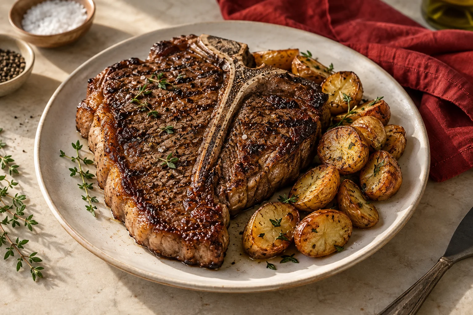 Preparación ilustrativa de T-Bone steak servida en un plato