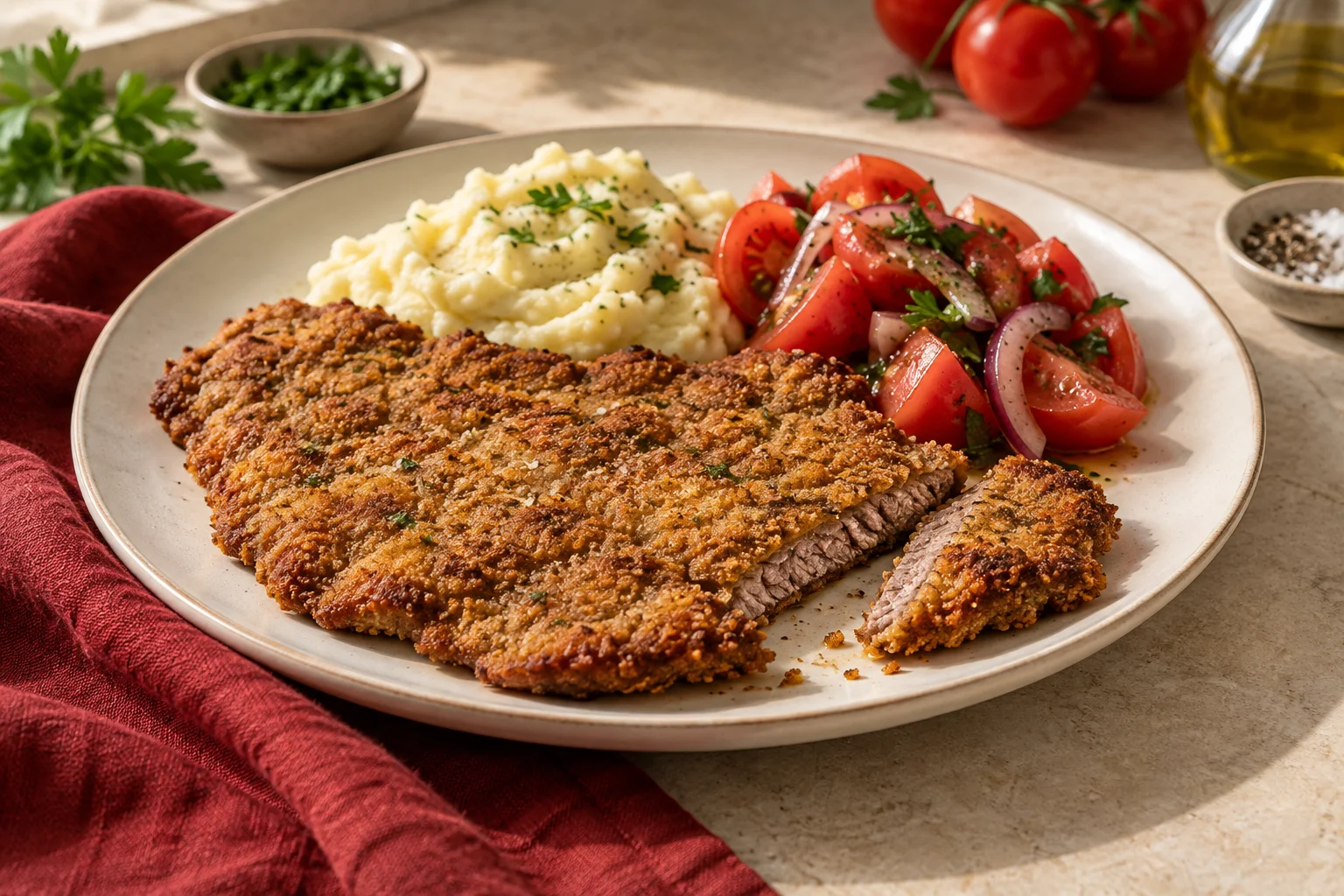 Preparación ilustrativa de Milanesas de vacuno servida en un plato