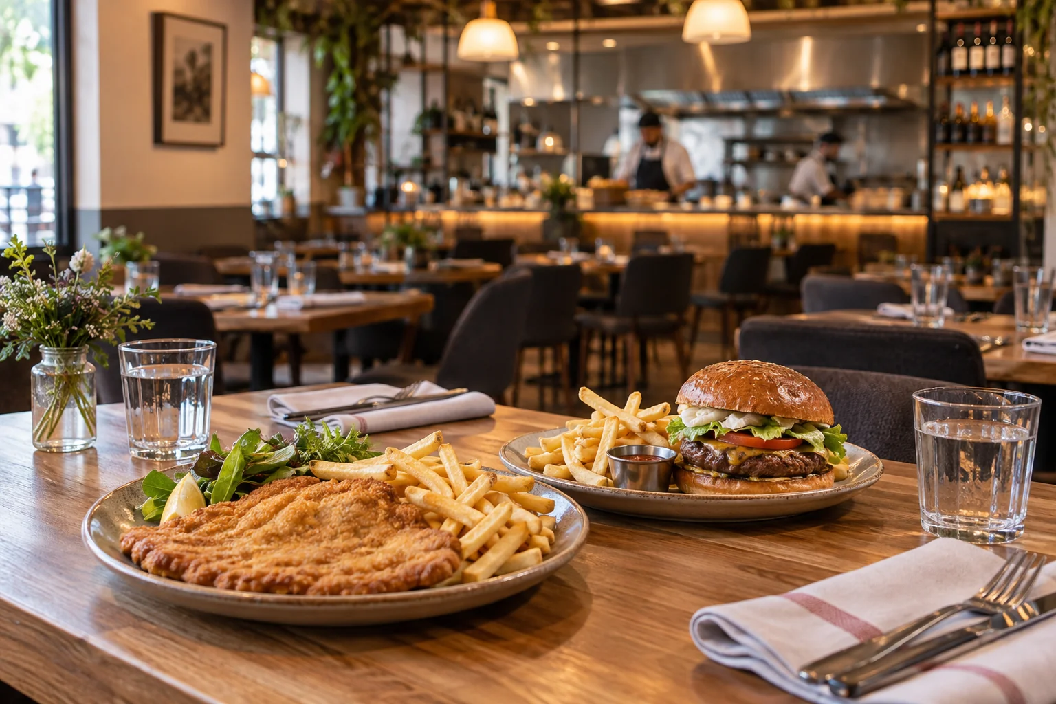 Sugerencia de presentación de una milanesa y una hamburguesa en una mesa de restaurante