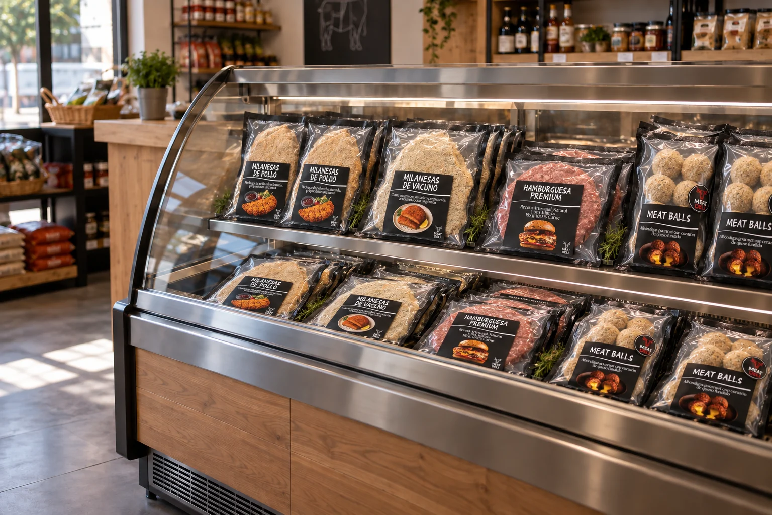 Presentación ilustrativa de productos Meat Deli en una vitrina de negocio