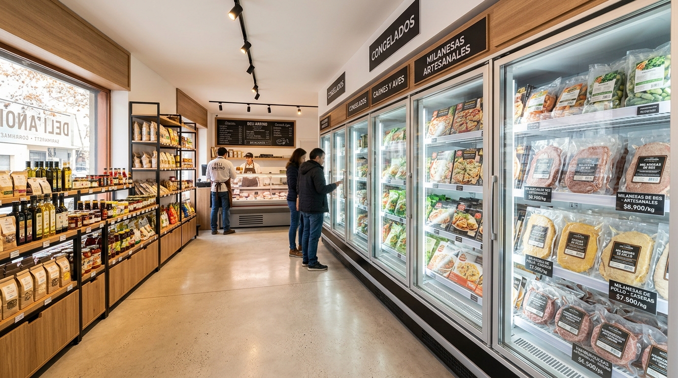 Exhibición de carnes congeladas en minimarket