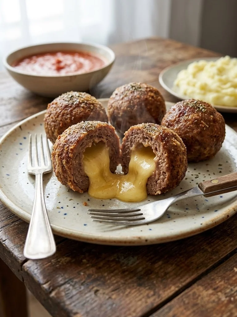 Presentación Gourmet: Albóndigas con Queso Fundido y Puré